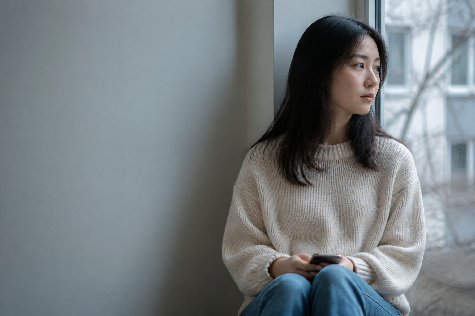 Pensive woman, calm and composed — not crying